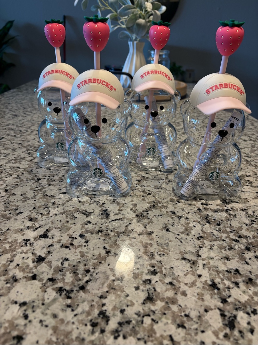 Starbucks Clear Bear Bottle with Pink Cap and Strawberry Straw Set